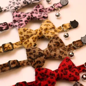 Leopard print plush bowknot pet collar with bell, cute cat and dog necklace accessories for daily wear.