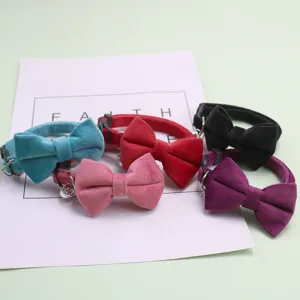 Velvet bow pet collar, cat and small dog neck strap with bell, soft suede material.