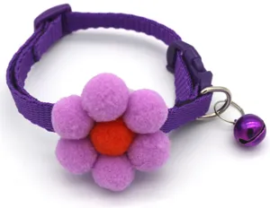 Purple pet cat dog collar with plush pom pom flower charm and bells for small pets.