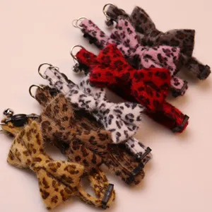 Leopard print plush bowknot pet collar with cute bell, adjustable cat and dog neck strap.
