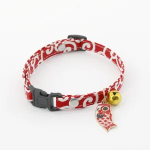 Japanese style red white cat collar with bell and cute carp pendant, safe buckle pet accessory