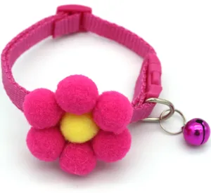 Pink pet collar with fluffy pom pom flower and bell for cute small dogs and cats daily wear.