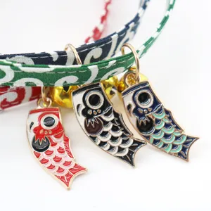 Japanese style koi fish pet collar with cute bell, adjustable fabric kitten necklace accessory.