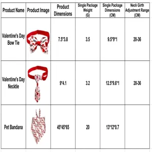 Valentine's Day pet bow tie, necktie and bandana size chart with detailed dimensions.