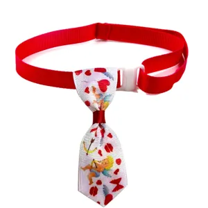 Valentine pet necktie detail view, featuring red strap and Cupid heart print for dogs.