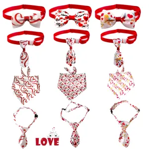 Valentine's Day pet bow tie dog tie and bandana set red and white heart love pet supplies