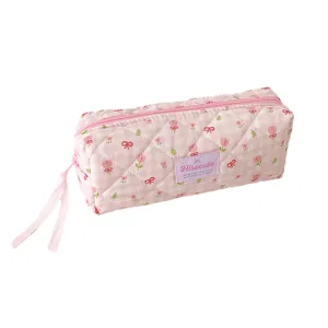 Trousse à crayons matelassée rose à motif vichy tulipes, sac de rangement cosmétique.