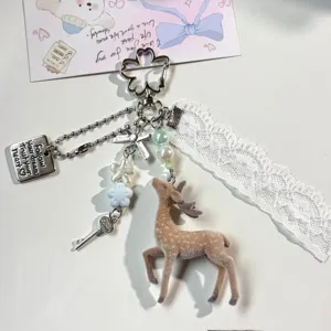 Lace Flocked Deer Bag Charm Cute Pearl Beaded Keychain Pendant Resin Animal Key Ring Accessories For Women Girls Gift