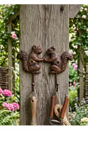 Gietijzeren eekhoorn haak detail, rustieke dier wanddecoratie voor thuis, stevige vintage wandhanger.