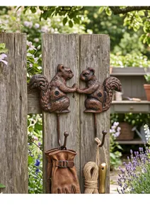 Gietijzeren eekhoorn wandhaak, rustieke dierlijke kapstok voor huisdecoratie en tuininrichting.