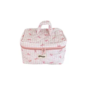 Pink plaid cosmetic bag with cute bow design, large capacity portable toiletry storage pouch.