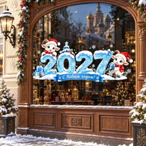 Vue détaillée de l'autocollant en verre flocon de neige glace bleue 2027 avec mouton.