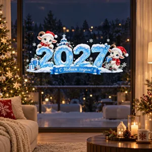 Vue détaillée de l'autocollant de fenêtre 2027 glace bleue avec des moutons mignons pour fête.