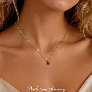 Gold birthstone necklace with teardrop red gemstone pendant adjustable box chain jewelry