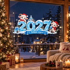 Autocollants de Fenêtre du Nouvel An Scène de Neige Bleue Decals Électrostatiques PVC Mignon Mouton Vacances Maison Commerce Décoration de Verre