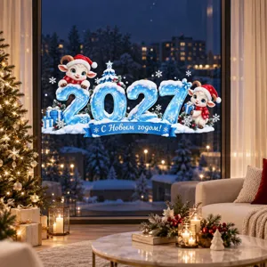 Nouvel An 2027 autocollants de fenetre bleus glace neige moutons mignons stickers en verre
