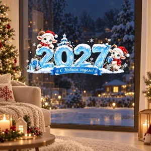 Autocollants de fenêtre Nouvel An 2027 bleu glace neige mouton mignon autocollant électrostatique