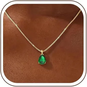 Gold plated box chain necklace featuring a stunning green pear zircon gemstone pendant for women.