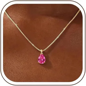 Exquisite pear-shaped pink cubic zirconia pendant necklace on a delicate gold box chain.