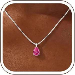 Elegant copper silver chain necklace featuring a stunning pear-cut pink cubic zirconia pendant.