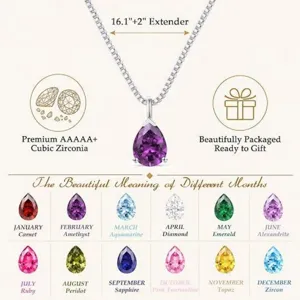 Teardrop zirconia pendant detail view with 12 months birthstone chart and adjustable chain.