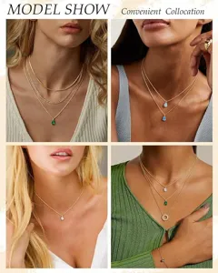Layered birthstone teardrop zircon pendant necklace with adjustable metal box chain.