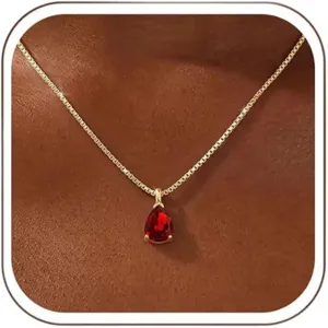 Gold Plated Red Zircon Pear Pendant Necklace Adjustable Box Chain Birthstone Jewelry
