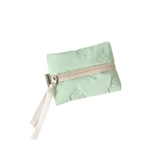 Light green bow quilted coin purse cute zipper mini clutch and portable card storage bag