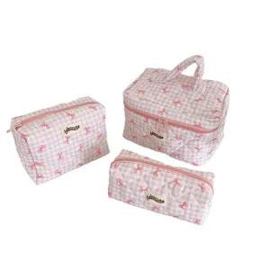 Ensemble de trousses de maquillage à carreaux roses avec nœuds, organisateur portable pour voyage.