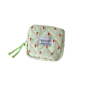Bolsa cosmética cuadrada acolchada de cuadros verdes y cereza estuche con cremallera