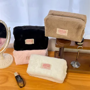 Ins Style Simple Solid Color Plush Makeup Bag Large Capacity Skincare Storage Pouch Portable Travel Toiletry Bag