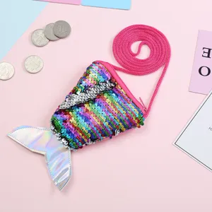 Mermaid tail sequin crossbody coin purse for kids, cute glitter shoulder bag showcase.