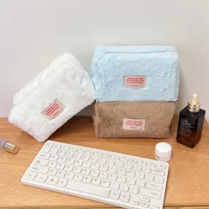 Soft plush cosmetic bag set with cute label, minimalist Korean style large storage pouch.