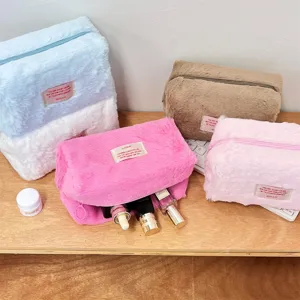 Fluffy cosmetic bag cute plush makeup pouch large capacity portable travel toiletry organizer