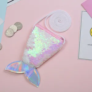 Sequin mermaid tail crossbody coin purse, cute children small bag with strap. Perfect detail.