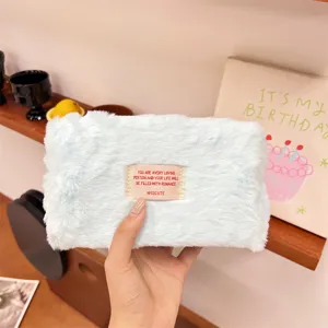 Fluffy cosmetic bag soft plush makeup pouch cute portable travel storage organizer solid color