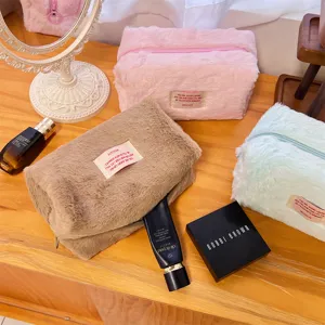 Korean style minimalist plush cosmetic bag, large capacity fluffy makeup storage pouch.
