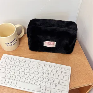 Black plush makeup bag aesthetic fuzzy cosmetic pouch portable storage zipper bag