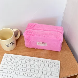 Ins style simple pink plush cosmetic bag large capacity portable makeup storage pouch