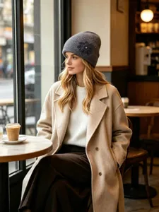 Cozy knit beanie featuring 3D floral rhinestone details, stylish winter warm hat for daily wear.