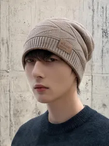 Winter knitted beanie hat for men and women, warm slouchy cold cap with stylish leather patch.