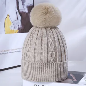 Winter thick cable knit beanie hat for women with fluffy faux fur pom warm winter hat