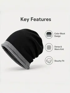 Fall winter color block knit beanie hat for men and women warm slouchy casual wool cap