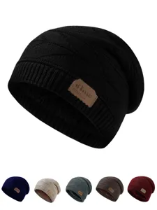 Warm knitted beanie hat winter fleece lined slouchy cap for men and women daily wear
