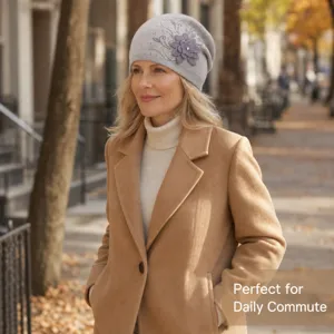 Stylish women rabbit hair blend knit beanie hat with 3d flower rhinestones warm autumn winter.