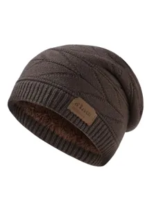 Detailed view of the winter warm fleece-lined knit beanie in dark brown with leather patch.