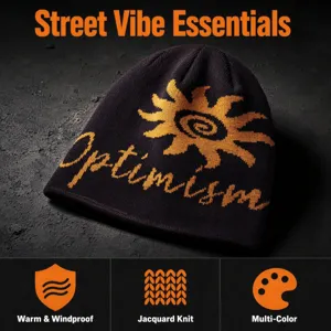 Retro sun jacquard knit beanie winter warm windproof thermal wool hat for men streetwear