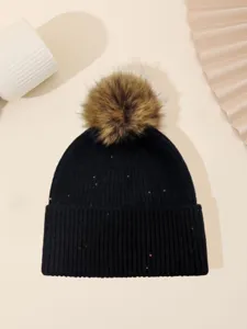 Autumn winter sequin pom pom knitted hat women cuffed warm beanie solid color stylish cap
