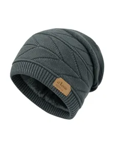 Winter fleece lined knit beanie hat grey slouchy warm cap for men and women cold weather.