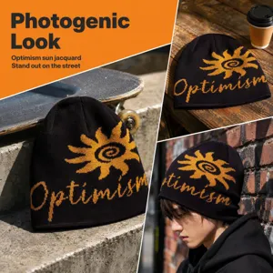 Retro Sunflower Jacquard Knit Beanie Hat Acrylic Warm Windproof Letter Optimism Winter Ski Cap For Men And Women